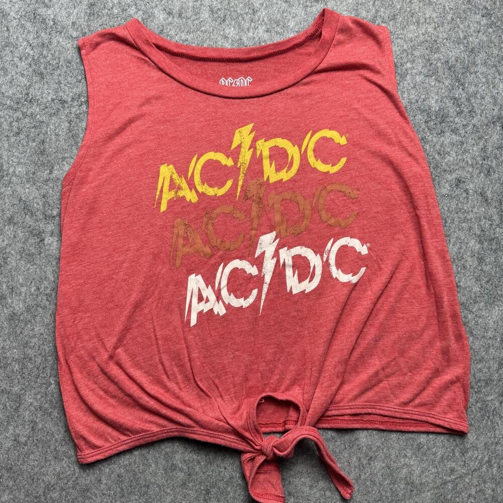 AC/DC Tank Top Womens Medium Red Cropped Front Tie Graphic Band Tee Rock Music